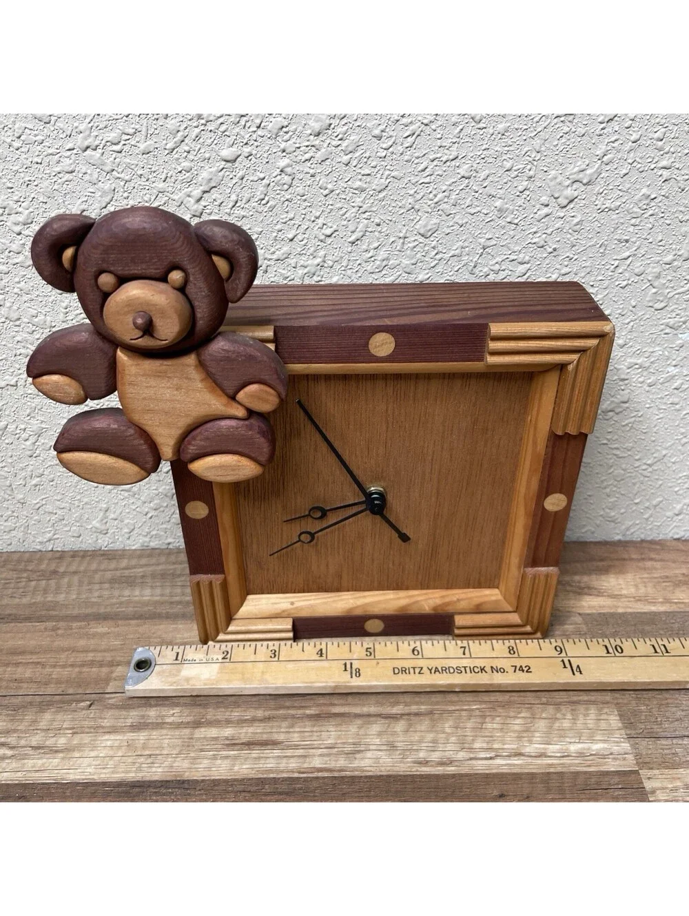 Vintage Handmade Wooden Teddy Bear Clock Working